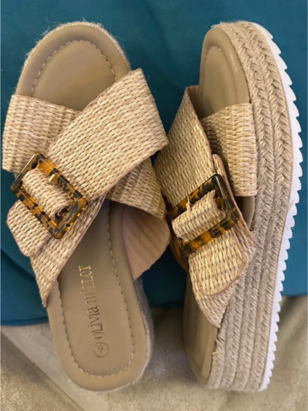Olivia Miller Natural Beige Woven Platform Slide Sandals with Tortoise Buckles